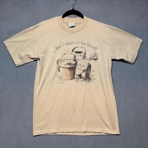 Cal Cru T-Shirt Vintage 90s Kittens Gardening Graphic Tee M Tan Cute Cats Retro